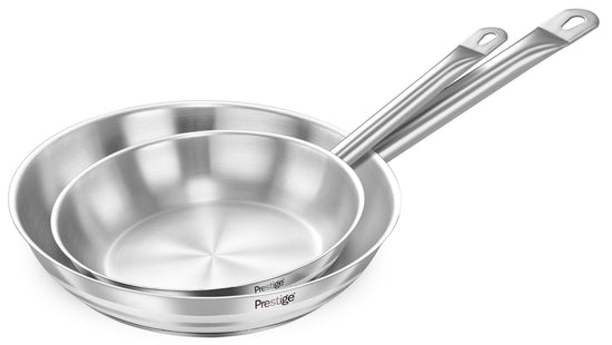 Prestige Stainless Steel 2 Pcs Fry Pan Set | Induction Compatible Frying Pan Set 22cm + 26cm | Silver - PR80982