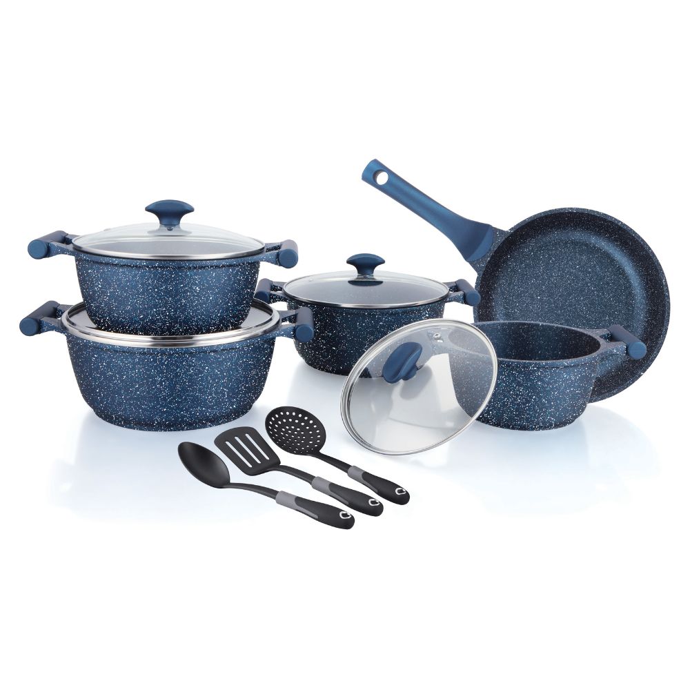 Prestige Essentials Granite 12 Piece Non-Stick Cast Aluminium Cookware sets | Induction Compatible Pots and Pans Set | Blue - PR80966