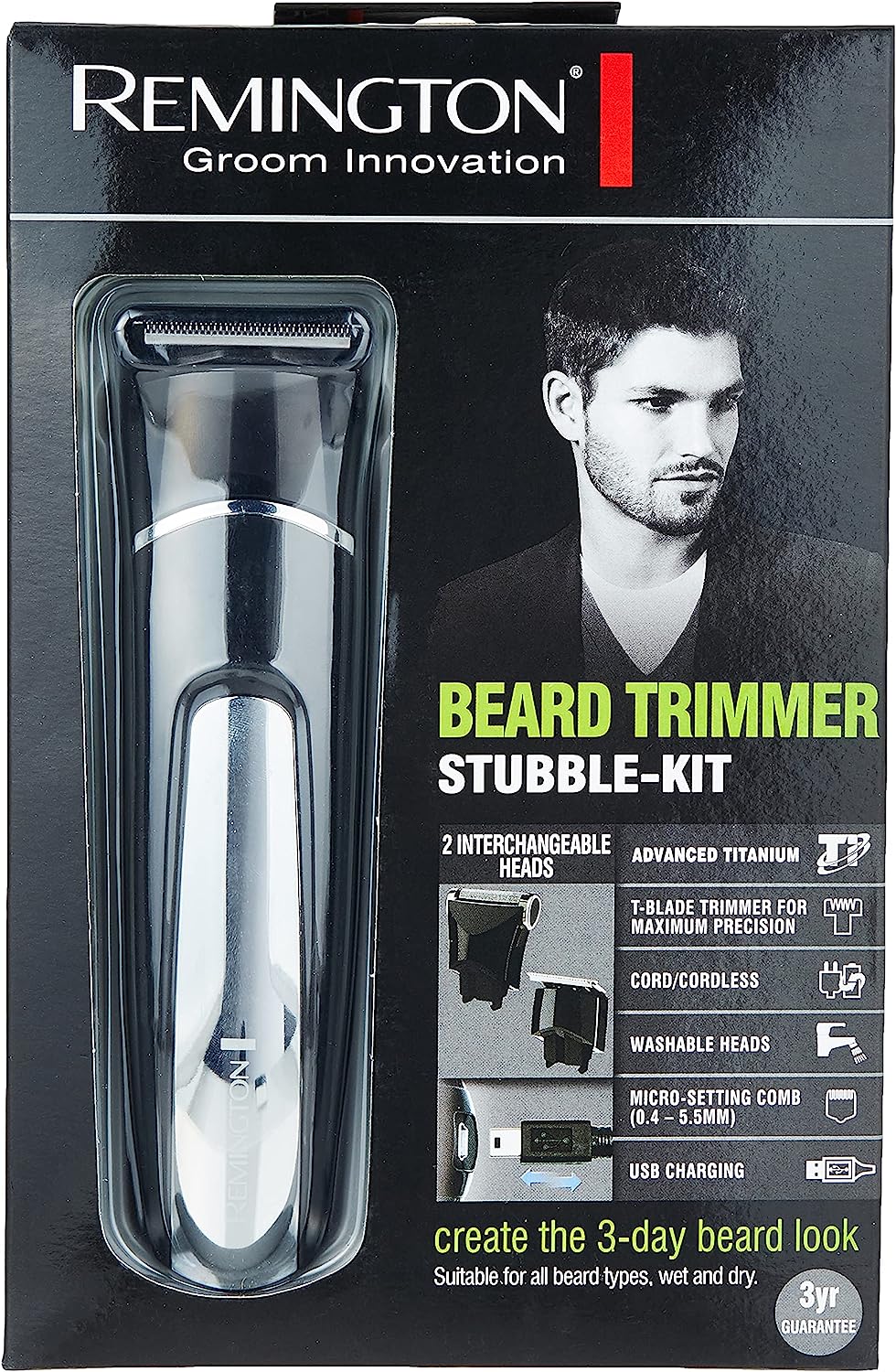 Remington Beard Trimmer Stubble Kit | Cordless Rechargeable Trimmer with Adjustable Length Settings – MB4110