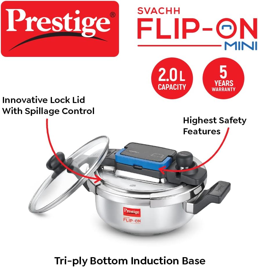 Prestige Svachh FLIP-ON Mini SS Pressure Cooker 18 cm-2 L with Glass Lid | MPF20164