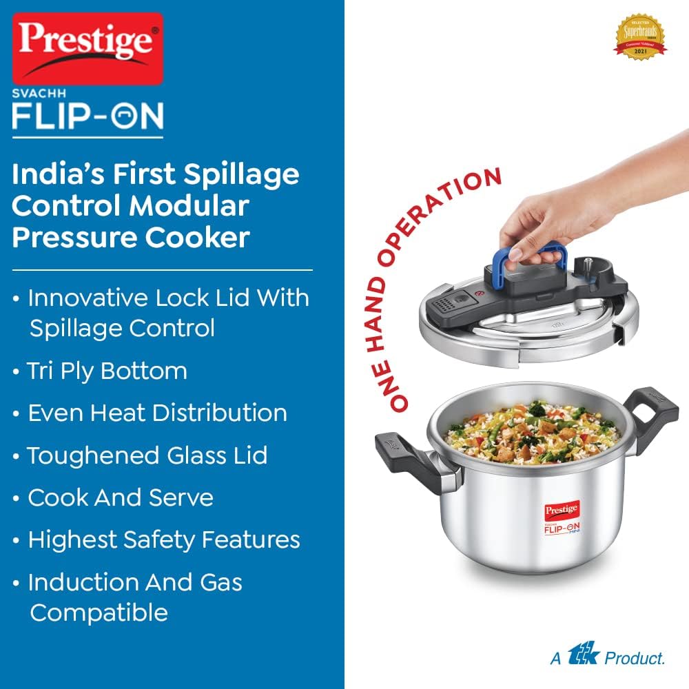 Prestige Svachh FLIP-ON SS Pressure Cooker 22 cm-5 L with Glass Lid | MPF20157