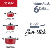 Prestige Value Pack Non-Stick Cookware sets 6Pcs | Non Stick Aluminium Pots and Pans Cooking Set | Soup Pots Set | Frying Pan Set | PR22453 - Red