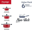 Prestige Value Pack Non-Stick Cookware sets 6Pcs | Non Stick Aluminium Pots and Pans Cooking Set | Soup Pots Set | Frying Pan Set | PR22453 - Red