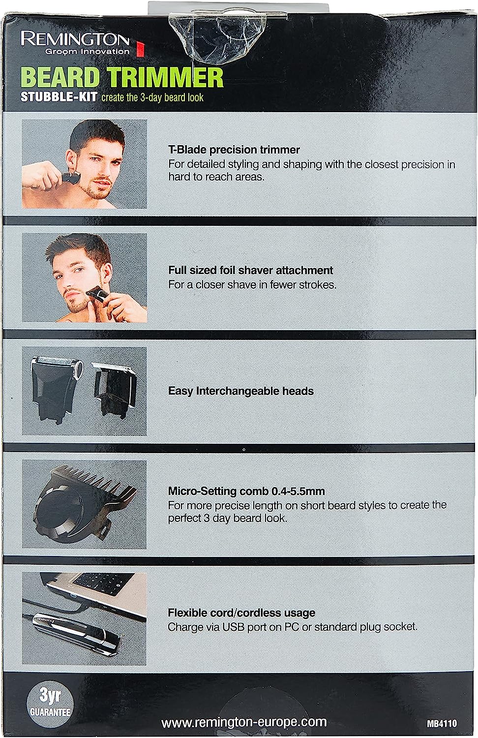 Remington Beard Trimmer Stubble Kit | Cordless Rechargeable Trimmer with Adjustable Length Settings – MB4110