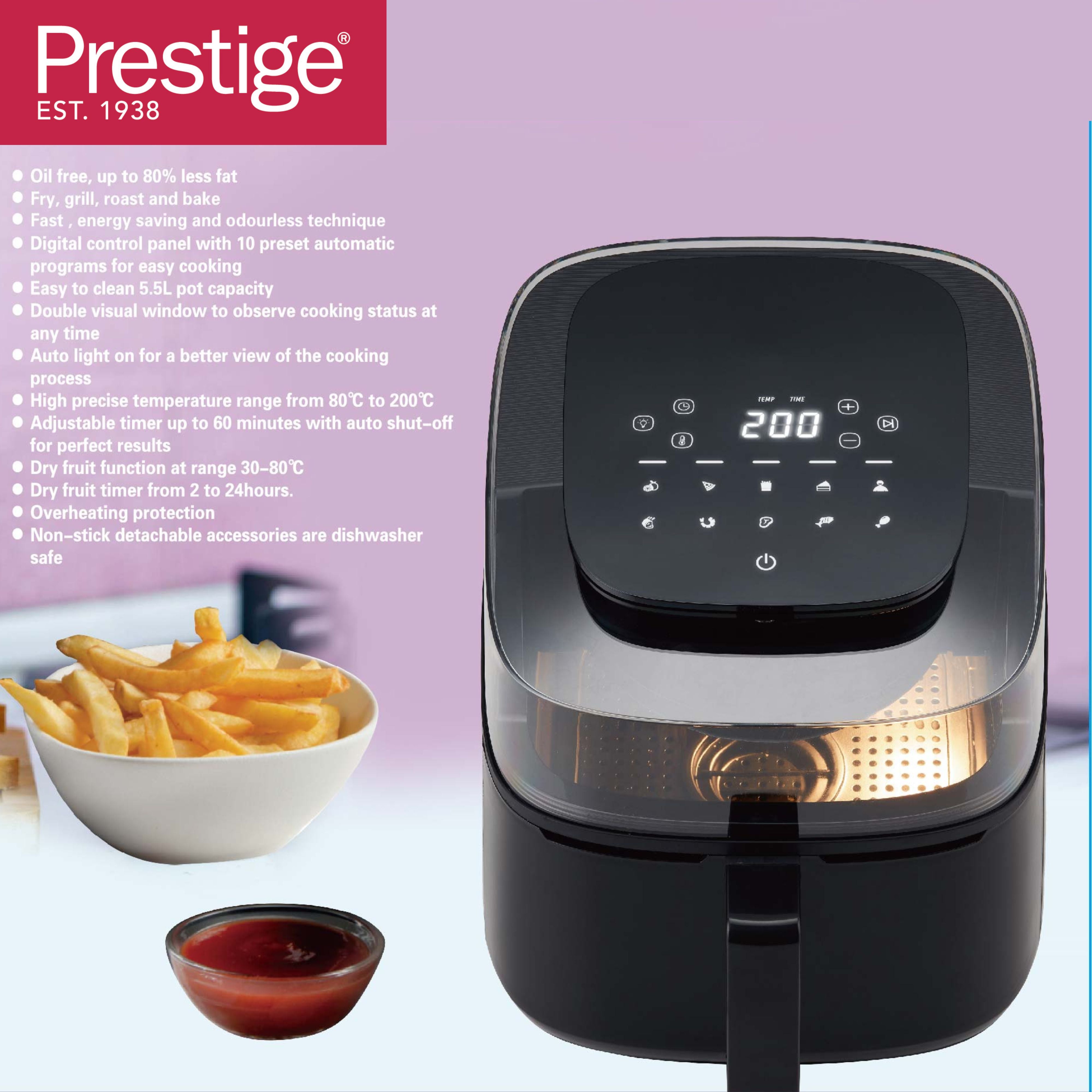 Prestige 5.5 Litre Digital Touchscreen Air Fryer with Double Visual Window (1500W) | PR50320