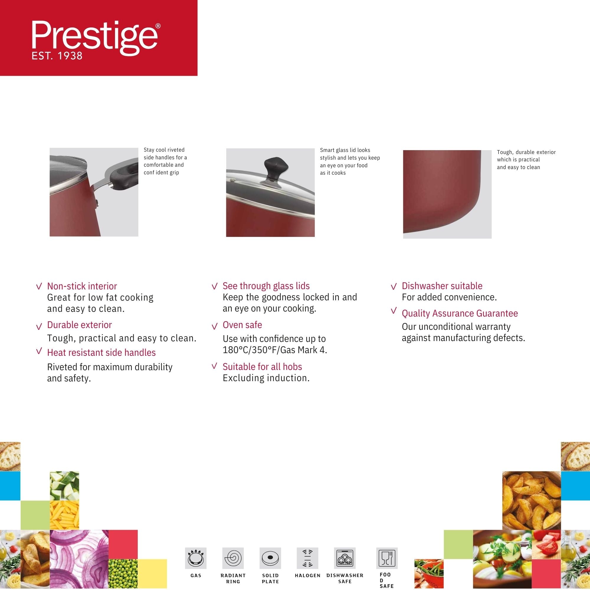 Prestige Classique 11 Piece Nonstick Cookware Set With Glass Lid | Aluminium Cooking Pots and Pans Set | Red - PR21915