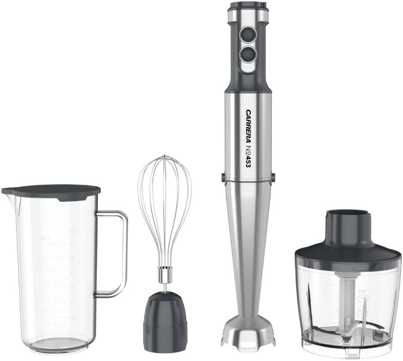 CARRERA 1000W Stick Blender, 4-in-1 Hand Blender & Grinder – Stainless Steel, Full Copper DC Motor, Turbo, LED Display, For Soups, Smoothies, Chutneys, Baby Food – CRR453, 2-Year Warranty