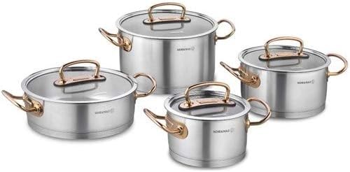 Korkmaz Proline 8 Piece Pot Cookware Set | Stainless Steel Induction Compatible Tri-Ply Bottom Pots Set | Rose Gold - KA1149
