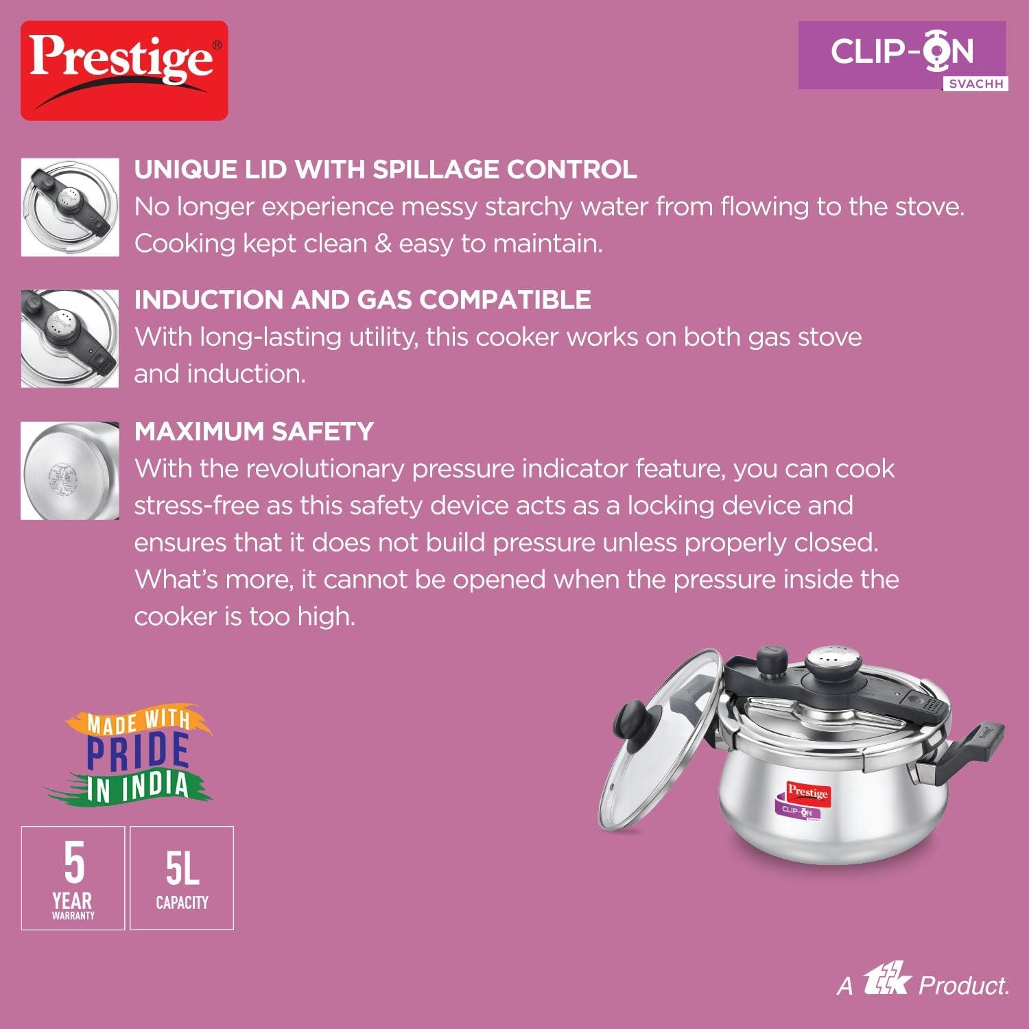 Prestige Svachh Clip-on 5 Litre Stainless Steel Pressure Cooker Handi | MPCH20233