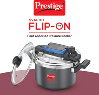 Prestige Svachh Flip-on Hard Anodised Spillage Control Outer Lid Pressure Cooker with Glass Lid, 5 Litre (Black) | MPF20161