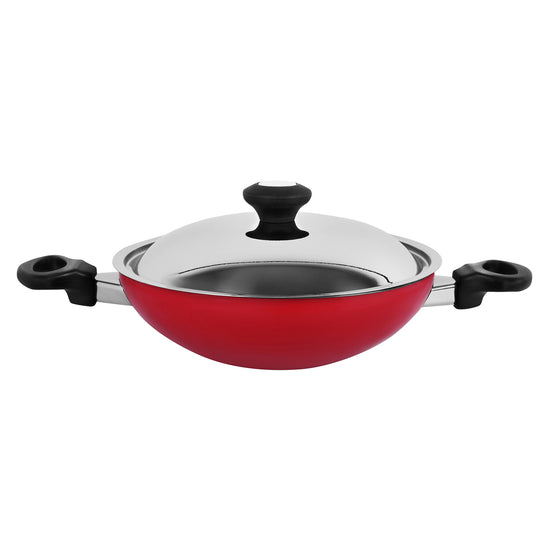 Prestige Classique Non-Stick Kadai Belly Bottom With Lid 24 Cm | 3X Ultra Tough Aluminium Kadai | Red - PR15853