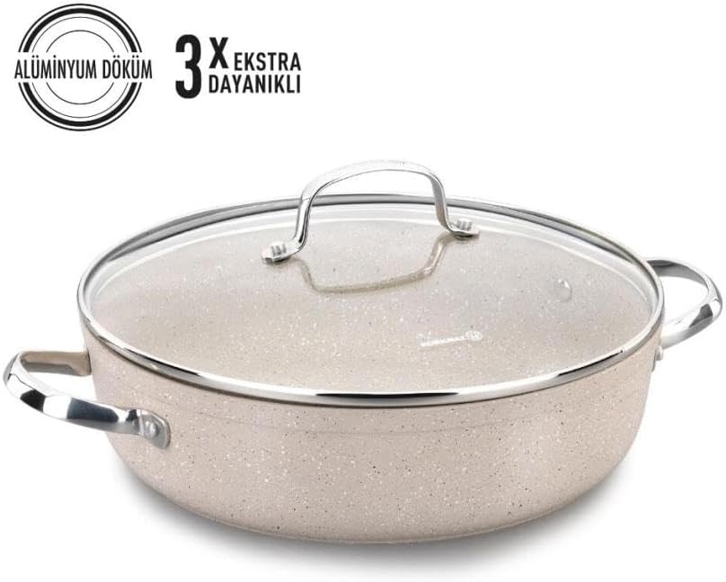 Korkmaz Granita Forged Aluminium Low Casserole 26X7cm 3.5L |  Non-Stick Granite Coating Stock Pot | Induction Base Cooking Pot with Glass Lid - KA1263