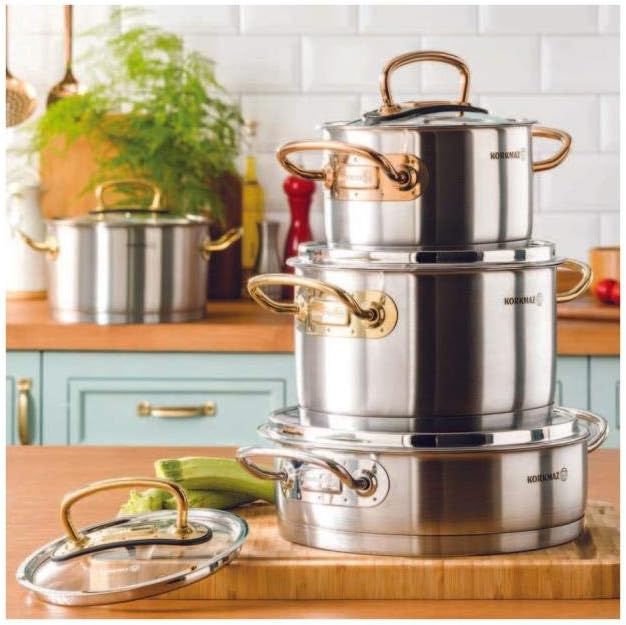 Korkmaz Proline 8 Piece Pot Cookware Set | Stainless Steel Induction Compatible Tri-Ply Bottom Pots Set | Rose Gold - KA1149