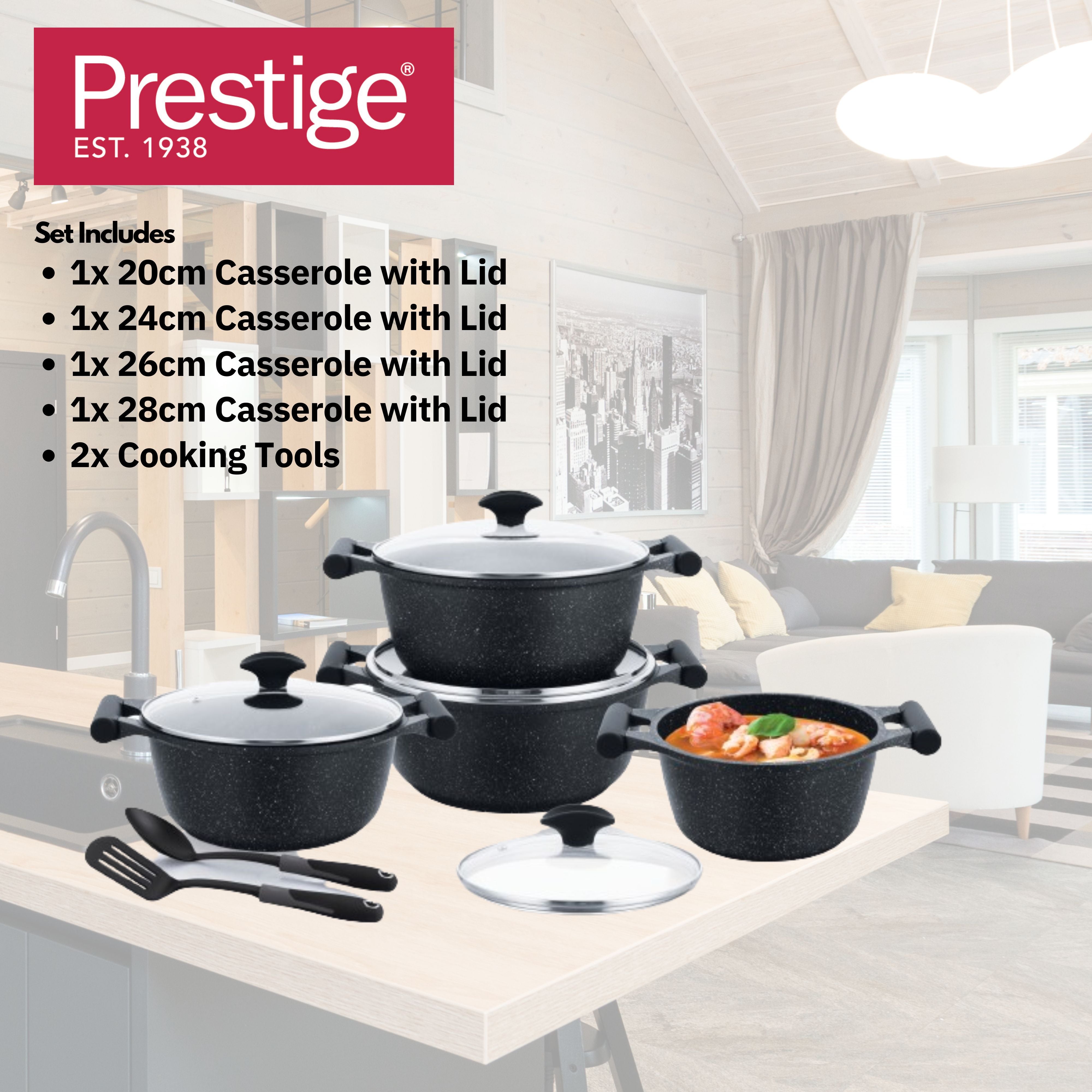 Prestige Essential 10 pcs Cookware Sets | Granite Coated Pots and Pans Set | Non-Stick Induction Compatible Cookware | Black - PR80997