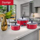 Prestige Value Pack Non-Stick Cookware sets 6Pcs | Non Stick Aluminium Pots and Pans Cooking Set | Soup Pots Set | Frying Pan Set | PR22453 - Red