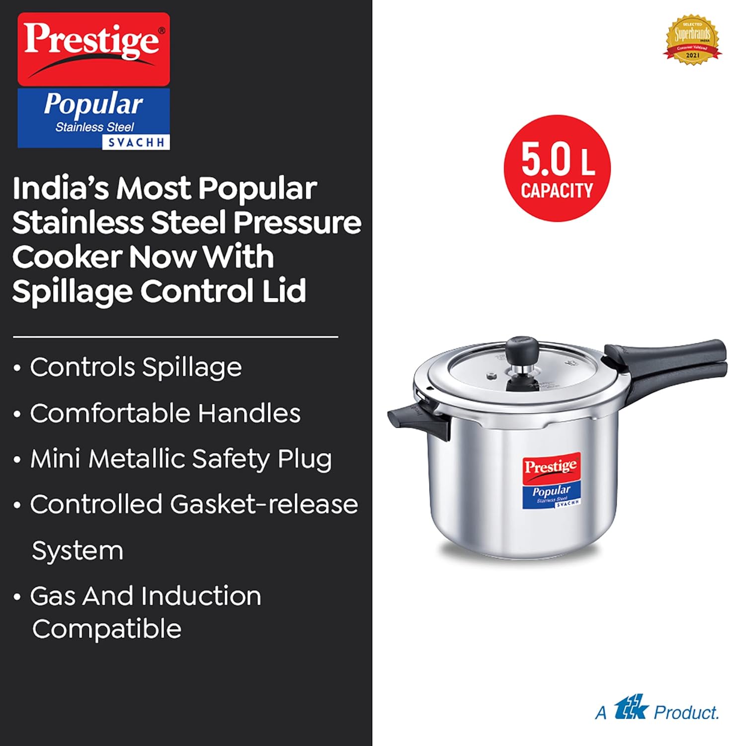 Prestige 5 Litre Stainless Steel Popular Svachh Outerlid Pressure Cooker | Deep lid for spillage control | Gas & Induction Compatible | Controlled Gasket Release System