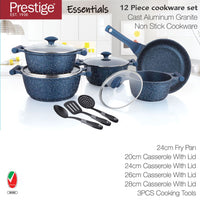 Prestige Essentials Granite 12 Piece Non-Stick Cast Aluminium Cookware sets | Induction Compatible Pots and Pans Set | Blue - PR80966