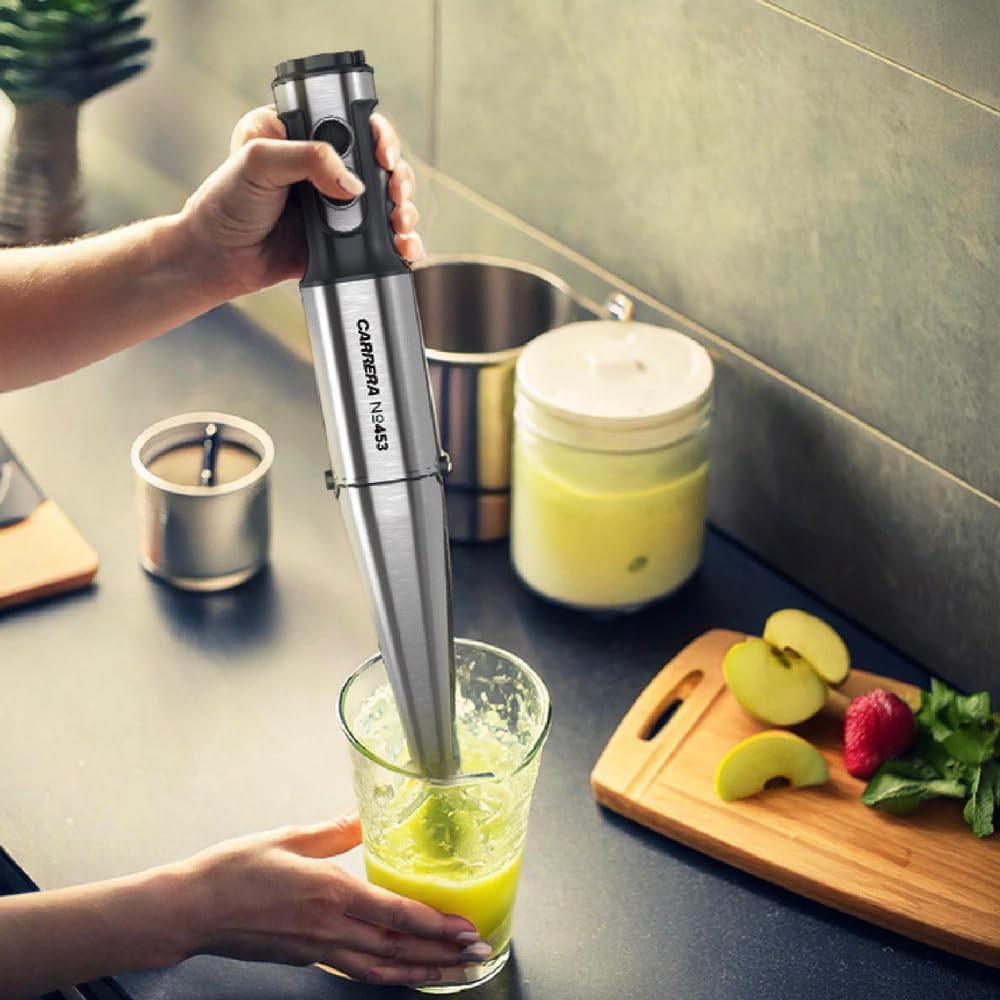 CARRERA 1000W Stick Blender, 4-in-1 Hand Blender & Grinder – Stainless Steel, Full Copper DC Motor, Turbo, LED Display, For Soups, Smoothies, Chutneys, Baby Food – CRR453, 2-Year Warranty