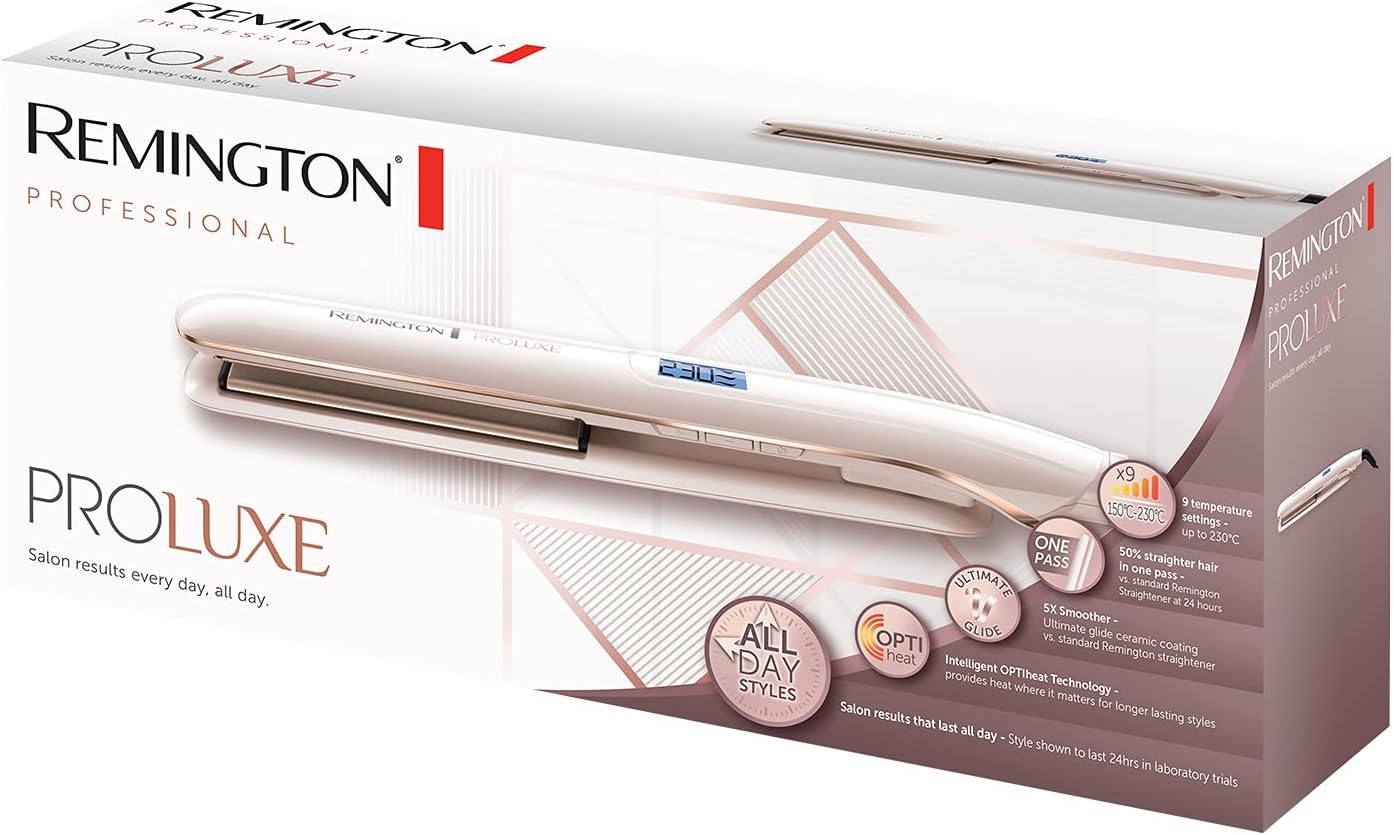 Remington PROluxe Hair Straightener | 230°C OPTIheat Technology for Long-Lasting Salon Results with Smooth Glide Plates – S9100