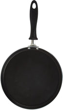 A black non-stick pan with a black handle and silver metal rivets, shown from a top-down perspective on a white background.