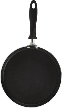 A black non-stick pan with a black handle and silver metal rivets, shown from a top-down perspective on a white background.