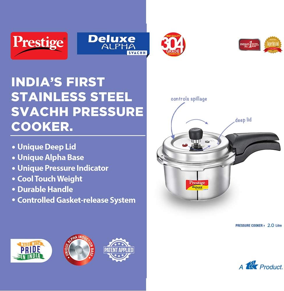 Prestige 2 Litre Stainless Steel Deluxe Alpha Svachh Outer Lid Pressure Cooker | Deep Lid for Spillage Control | TRIPLY Base | Gasket Release System