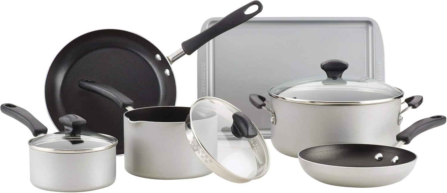 Farberware Cookstart Diamond Max Nonstick Cookware Pots and Pans Set | Nonstick Cookware Sets 15 Piece - Silver