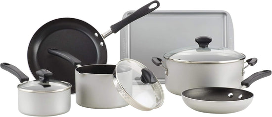 Farberware Cookstart Diamond Max Nonstick Cookware Pots and Pans Set | Nonstick Cookware Sets 15 Piece - Silver