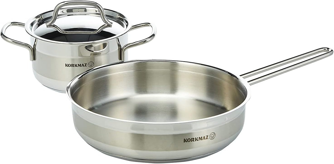 Korkmaz Alfa 9 Pieces Stainless Steel Cookware Set | Induction Compatible Tri-Ply Bottom Cookware Pots and Pans Set | Silver - KA1660