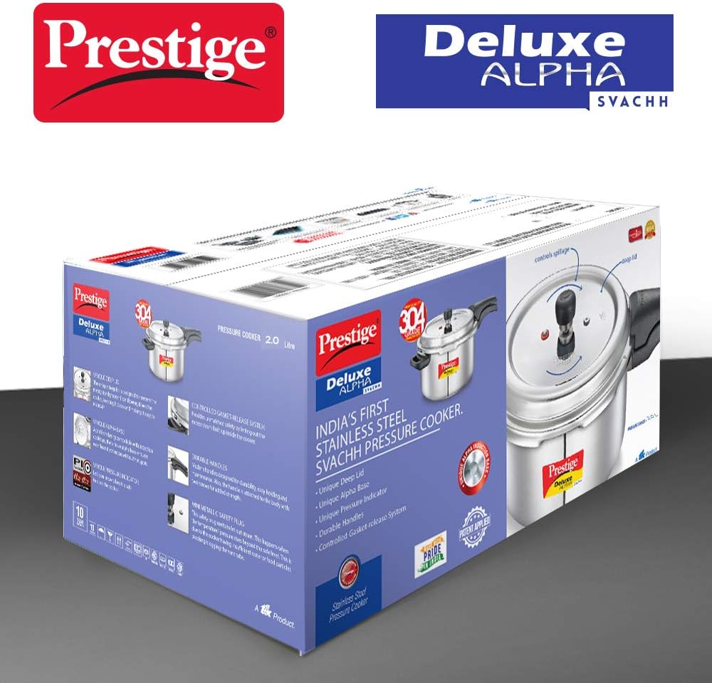 Prestige 2 Litre Stainless Steel Deluxe Alpha Svachh Outer Lid Pressure Cooker | Deep Lid for Spillage Control | TRIPLY Base | Gasket Release System