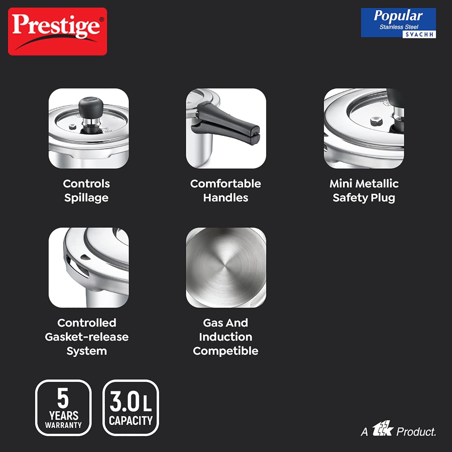 Prestige 3 Litre Stainless Steel Popular Svachh Outerlid Pressure Cooker | Deep lid for spillage control |Gas & Induction Compatible|Controlled Gasket Release System