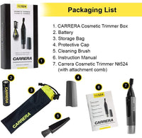 CARRERA 524 Hair Trimmer for Men & Women Integrated Spotlight for Precision Trimming Portable & Cordless Ideal for Small Facial Hair, Nose, Ears, Eyebrows, Sideburns etc Cutting length 0.4 mm, Silver