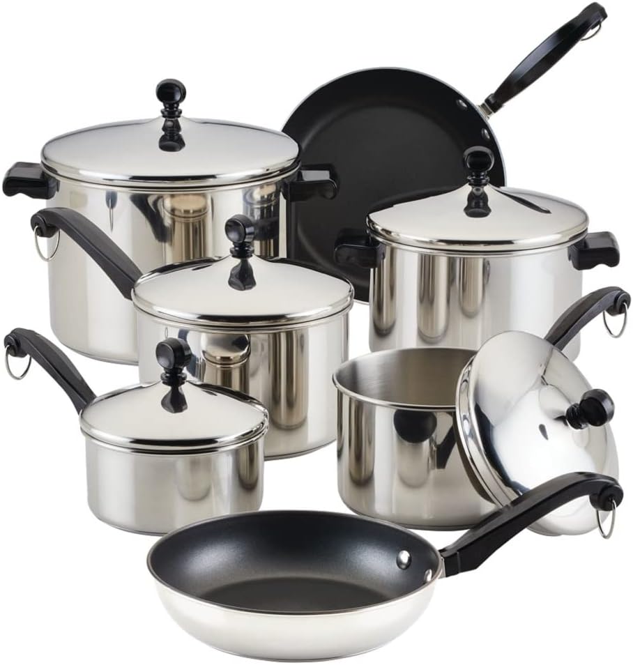 Farberware Classic Stainless Steel Cookware Pots and Pans Se | 15-Piece Cooking Set - FB50049 Silver