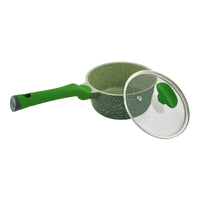 Prestige Essentials Sauce Pan with Glass Lid 16 Cm | Induction Compatible Non Stick Pan | Granite Coted Cooking Pot | Green - PR81106