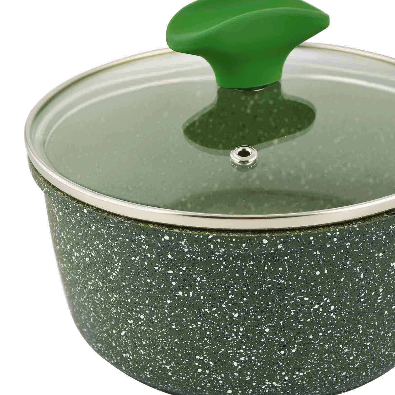 Prestige Essentials Sauce Pan with Glass Lid 16 Cm | Induction Compatible Non Stick Pan | Granite Coted Cooking Pot | Green - PR81106