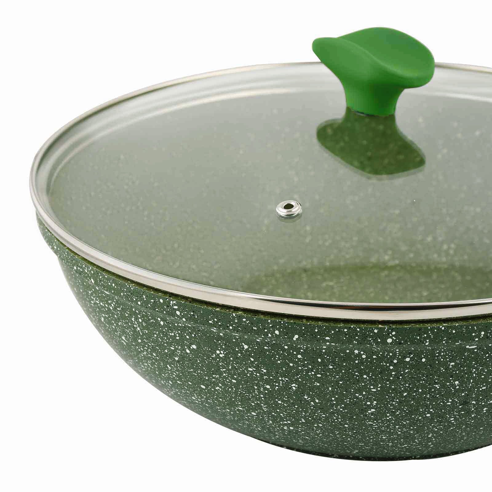 Prestige Essentials Wok Pan 30 Cm | Induction Compatible Non Stick Pan | Granite Coted Cooking Pot | Green - PR81117