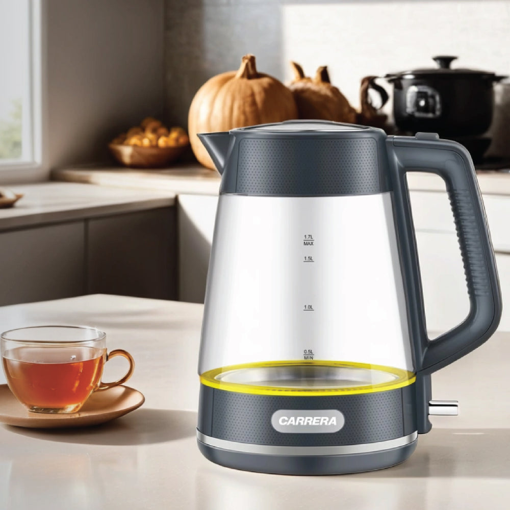 CARRERA Glass Kettle CRR649– 2200W Electric Kettle with 1.7L Heat-Resistant Glass Jug, STRIX Controller & Boil-Dry Protection
