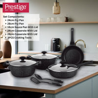 Prestige Essentials 9pcs Pots and Pans Set | Nonstick Cookware Sets | Granite Pots Set | Kitchen Induction Pots and Pans Cooking Sets | Pan Sets for Cooking | Black - PR80989