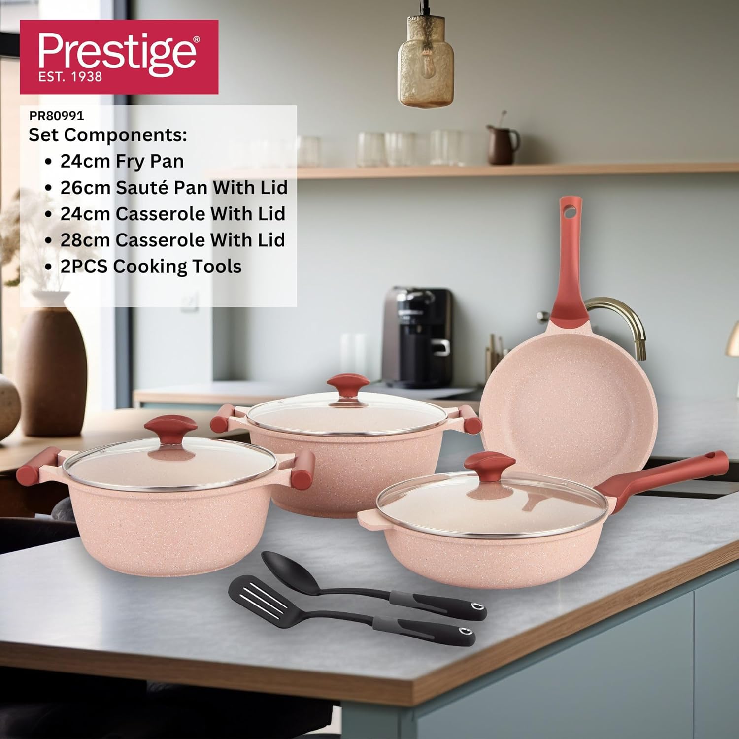 Prestige Essentials 9pcs Pots and Pans Set | Nonstick Cookware Sets | Granite Pots Set | Kitchen Induction Pots and Pans Cooking Sets | Pan Sets for Cooking | Pink - PR80991