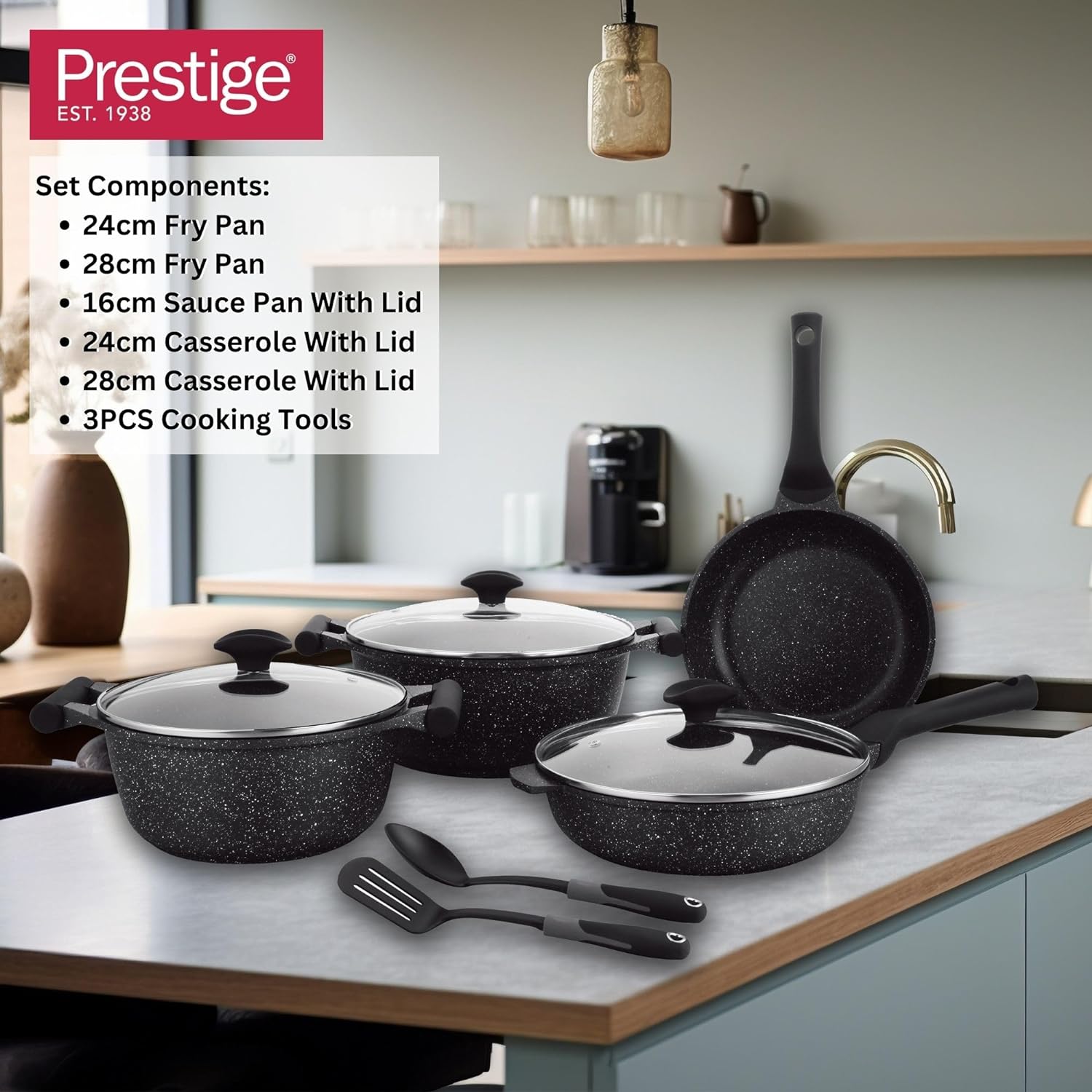 Prestige Essentials 9pcs Pots and Pans Set | Nonstick Cookware Sets | Granite Pots Set | Kitchen Induction Pots and Pans Cooking Sets | Pan Sets for Cooking | Black - PR80989