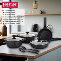 Prestige Essentials 9pcs Pots and Pans Set | Nonstick Cookware Sets | Granite Pots Set | Kitchen Induction Pots and Pans Cooking Sets | Pan Sets for Cooking | Black - PR80989