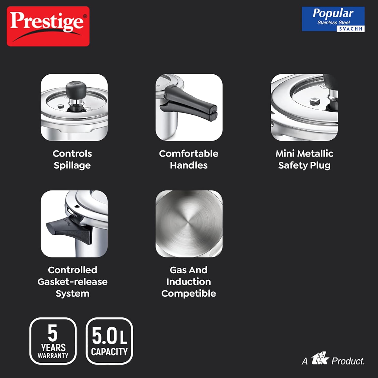 Prestige 5 Litre Stainless Steel Popular Svachh Outerlid Pressure Cooker | Deep lid for spillage control | Gas & Induction Compatible | Controlled Gasket Release System