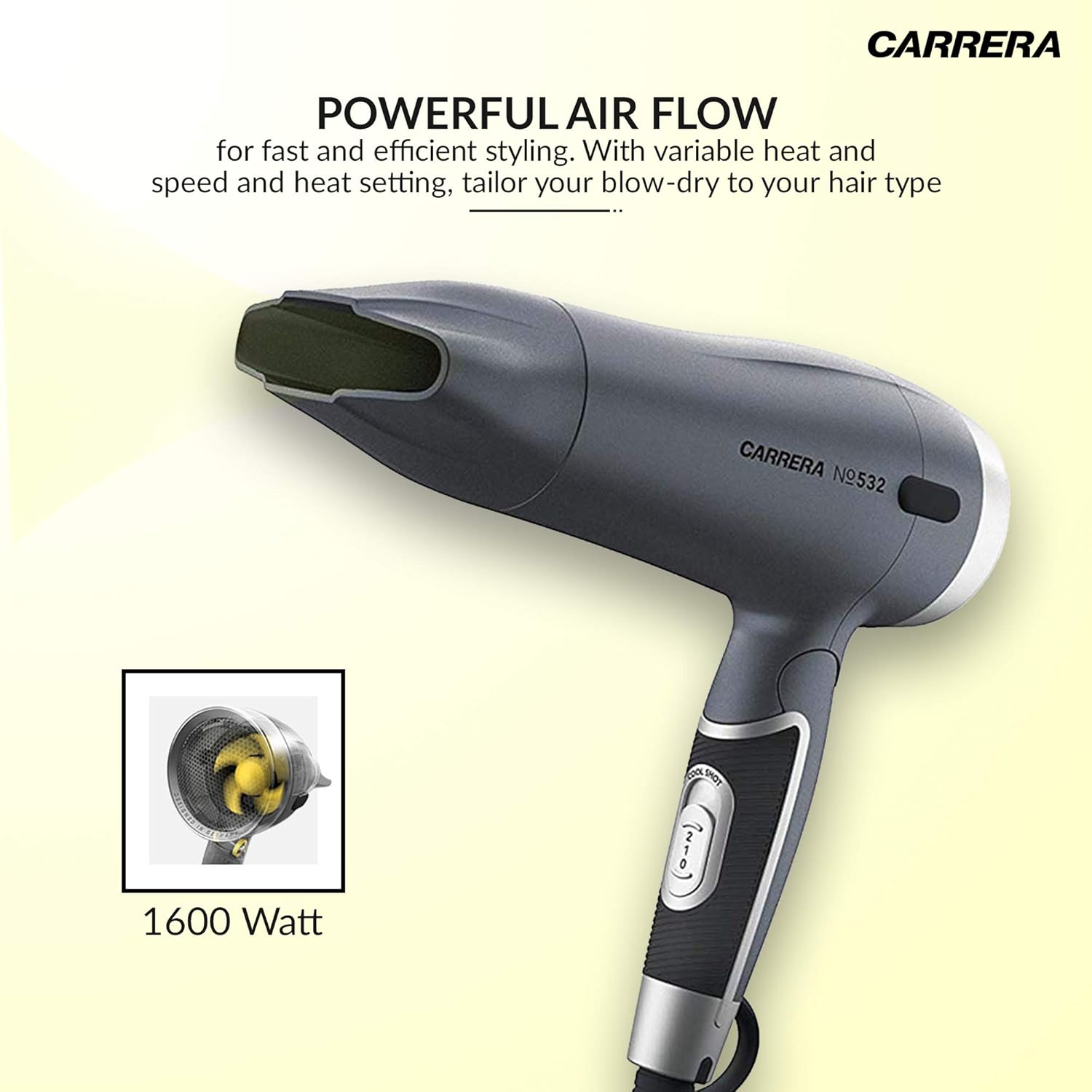 CARRERA 532 Professional Hair Dryers for Men & Women | Hairdryers - Styling Nozzle-Diffuser, Blow Dry, Hot-Cold Air, DC 1600 Watts-Grey