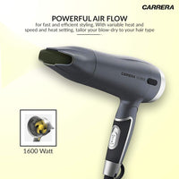 CARRERA 532 Professional Hair Dryers for Men & Women | Hairdryers - Styling Nozzle-Diffuser, Blow Dry, Hot-Cold Air, DC 1600 Watts-Grey