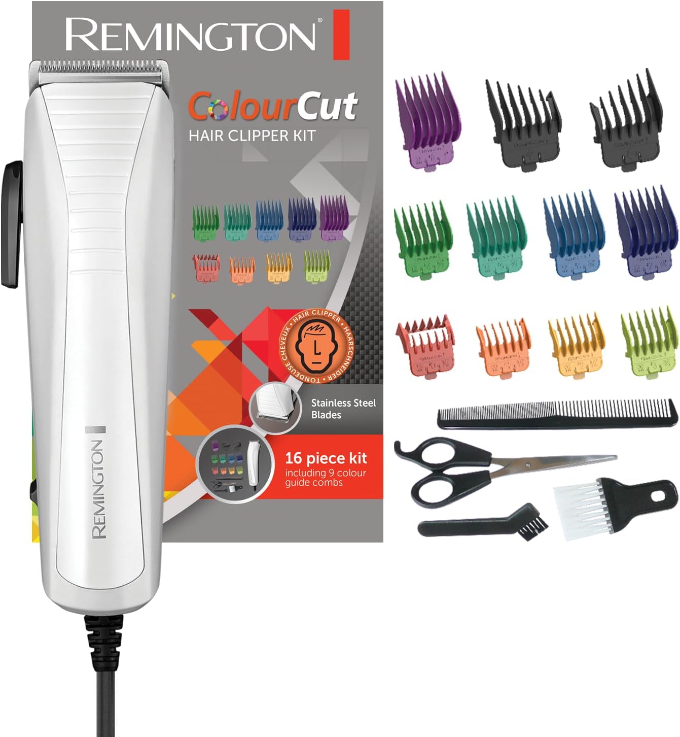Remington Color Cut Hair Clipper | Corded Haircut Kit with 9 Color Combs for Easy Length Selection – HC5035