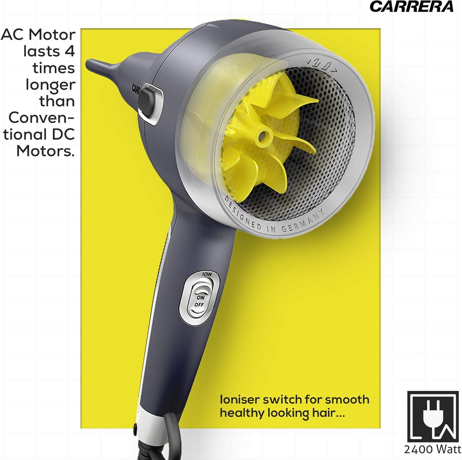 CARRERA AC Hair Dryer № 631, 2400 Watts Profesional, Ultra slim styling nozzle, Diffuser, Hot and Cold Air, 2 Speed 3 Temperature Settings with Cool Shot For both Men and Women