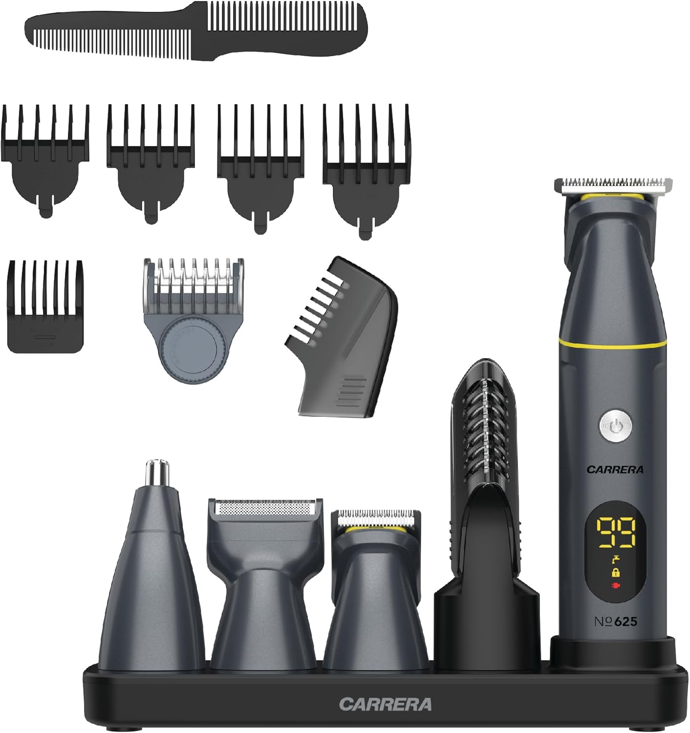 CARRERA CRR625 All-in-1 Trimmer for Men | Cordless Beard, Hair & Body Grooming Kit, Stainless Steel Blades, IPX6 Waterproof, USB Rechargeable, LED Display, 5-Min Boost, Multi Attachments, Gift for Men