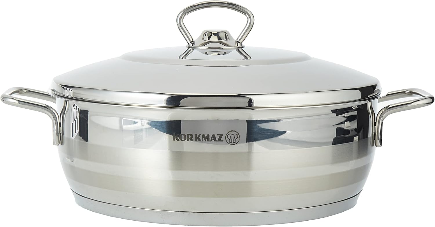 Korkmaz Astra Stainless Steel Low Casserole Silver 24x8 cm / 3.6 L | Induction Compatible Tri-Ply Bottom Cooking Stock Pot with Lid | Silver - KA1904