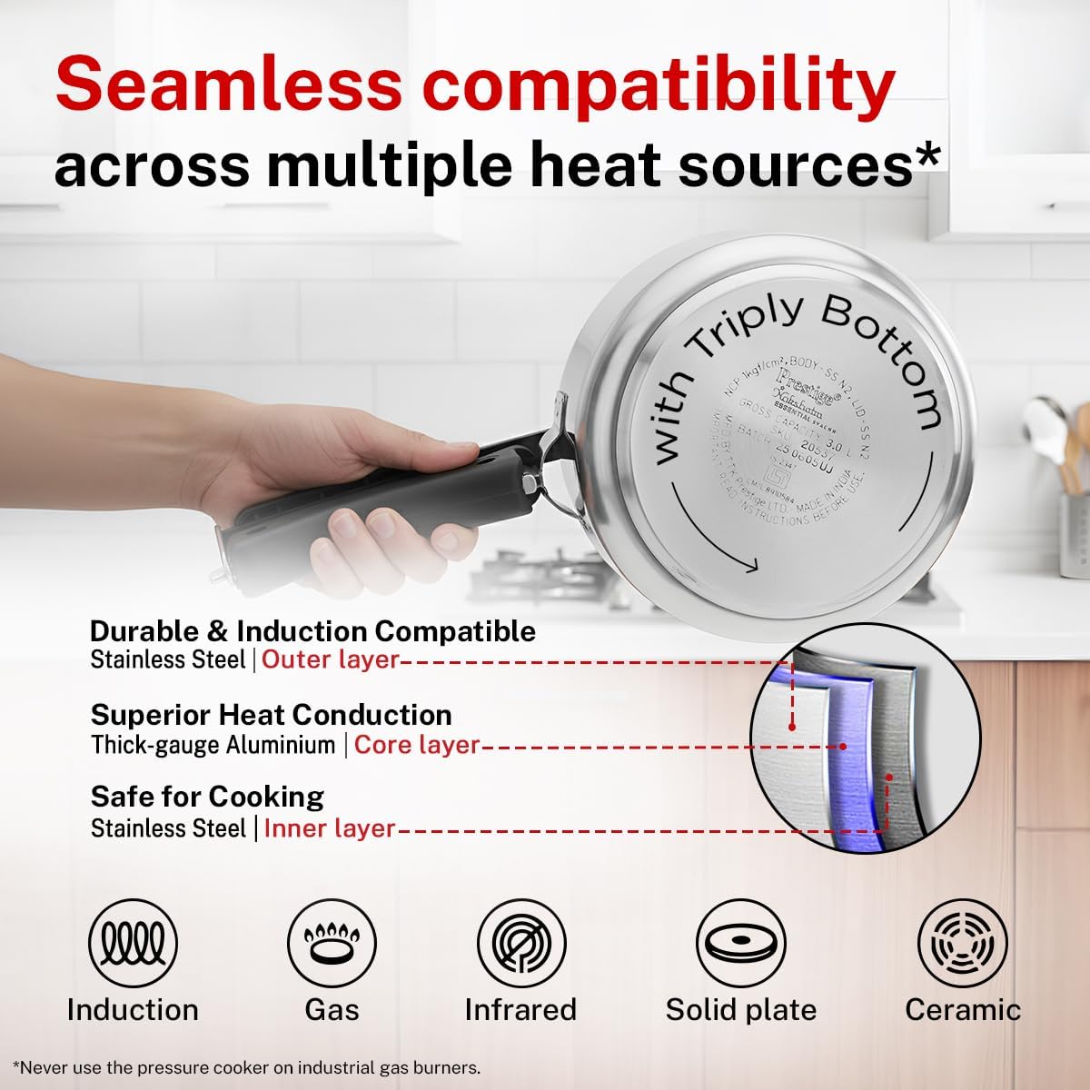 Prestige 3L Essential Svachh Pressure Cooker with Spillage Control Lid | Triply Induction Bottom | MPN20537