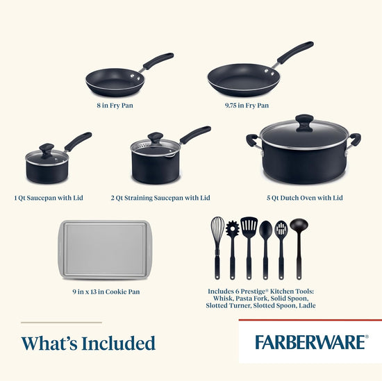 Farberware Cookstart Diamond Max Nonstick Cookware | Pots and Pans Set with Glass Lids | Non-Stick Cookware Set 15 Piece - Black